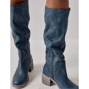 Free People Womens Essential Tall Slouch Leather Boot Rinsed Navy Size 38.5